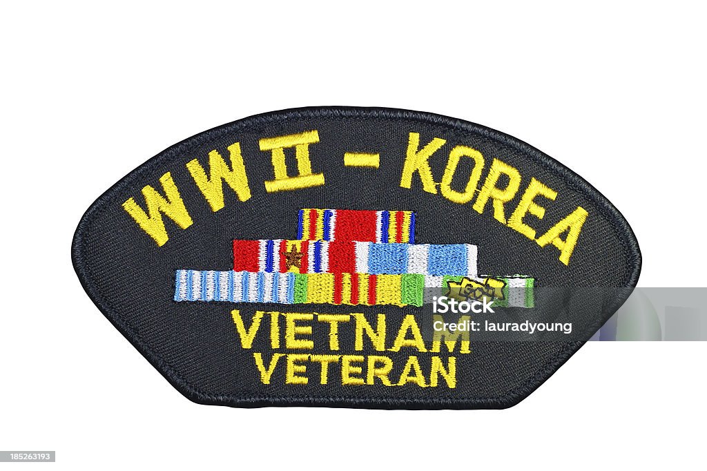 WWII Korea and Vietnam Veteran Patch "Isolated on white with clipping pathPatch worn by veterans and military to honor the service of those who served in WWII, Korean and Vietnam wars." Textile Patch Stock Photo