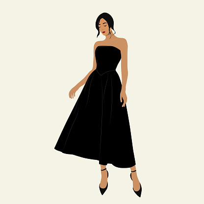 Beautiful young woman. Lady in a black dress. Vector isolated on white background. Fashionable modern stylish clothes. Black high heels, evening dress