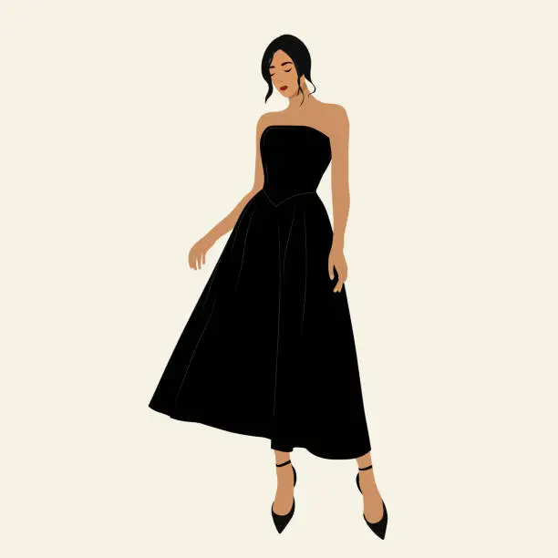 Vector illustration of Beautiful young woman. Lady in a black dress. Vector isolated on white background. Fashionable modern stylish clothes.