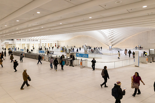 New York, NY, USA - December 12, 2023: The PATH trains terminal that travels between New Jersey and New York within The Oculus, the Westfield World Trade Center shopping mall.