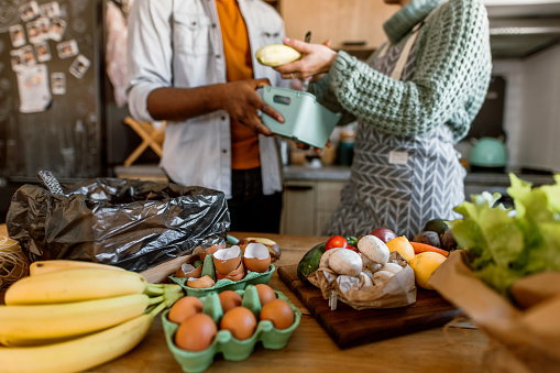 Friends preparing healthy vegetarian food. Peeling vegetables and putting organic waste in compost bin.