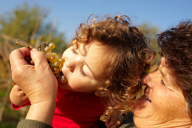 Granddaughter and Grandmother Granddaughter eat some grapes from her grandmother hand. feeding grapes stock pictures, royalty-free photos & images