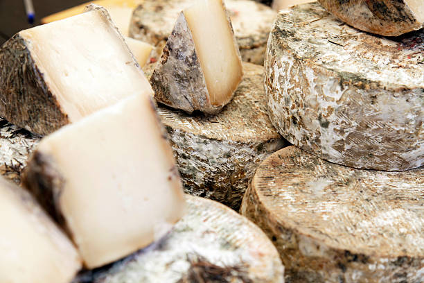 Tomme cheese from Savoie Pile of cheeses. savoie photos stock pictures, royalty-free photos & images