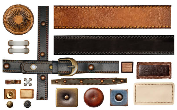 Set of leather elements. Isolated on white background. Collection of belt of black and brown color, leather tag and label, metal button and rivets, metallic decorative ornament Set of leather elements. Collection of belt of black and brown color, leather tag and label, metal button and rivets, metallic decorative ornament. Isolated on white background leather clasp stock pictures, royalty-free photos & images