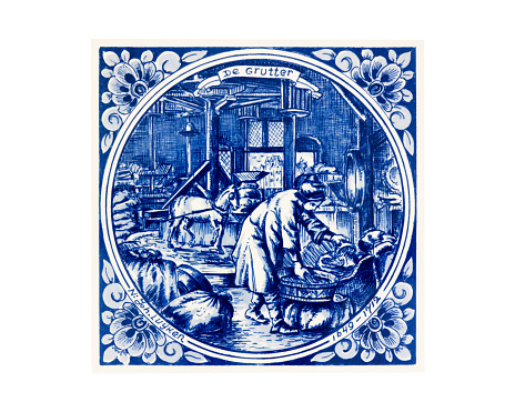 De Grutter - Miller, blue antique Holland tile with drawing of man working in mill by Joh Luyken 1649-112, square composition
