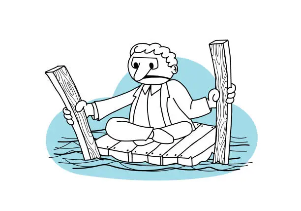 Vector illustration of Angry man cute character castaway on a wooden raft wearing suit and paddling with two boards in the water. Sketch cartoon style vector illustration isolated on white background.
