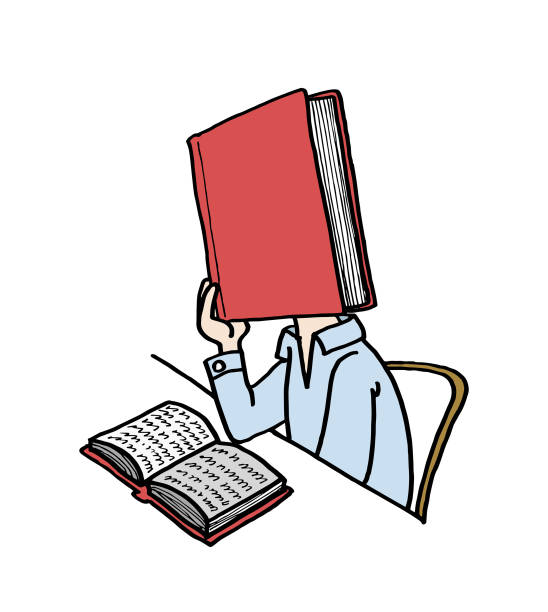 istock Man sitting reading a book on a table with his head converted into a book. Funny conceptual colorful cartoon style vector illustration isolated on white background. 1852690128