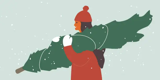 Vector illustration of Vector illustration of young woman walking down snowy street carrying Christmas tree in hands