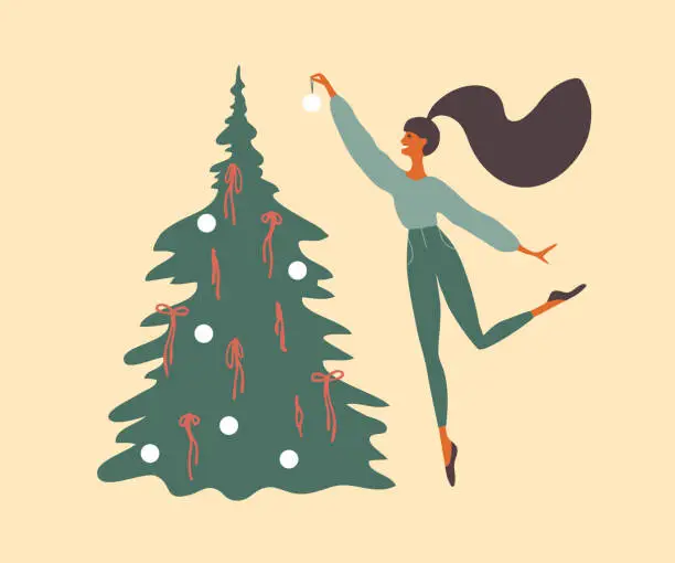 Vector illustration of Vector illustration of happy female character decorating Christmas fir tree