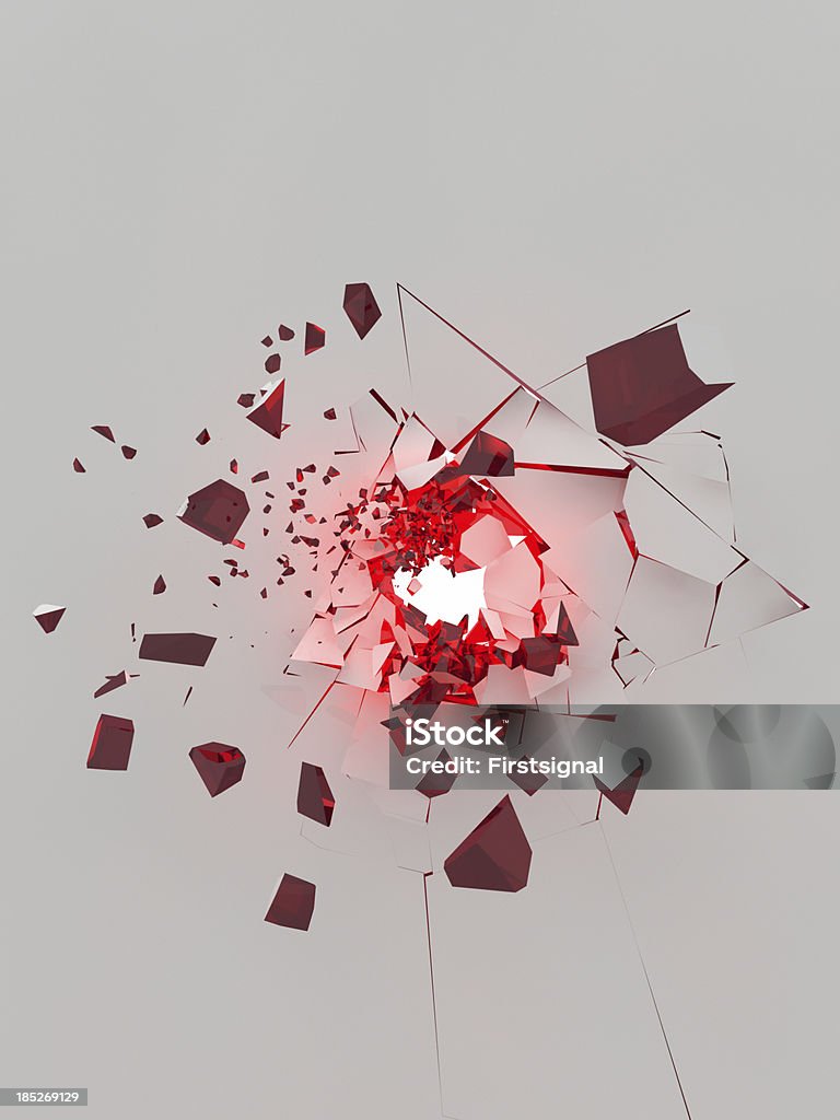 exploding white wall with glowing red parts 3D image showing an surreal exploding white wall with glowing red elements. Breaking Stock Photo
