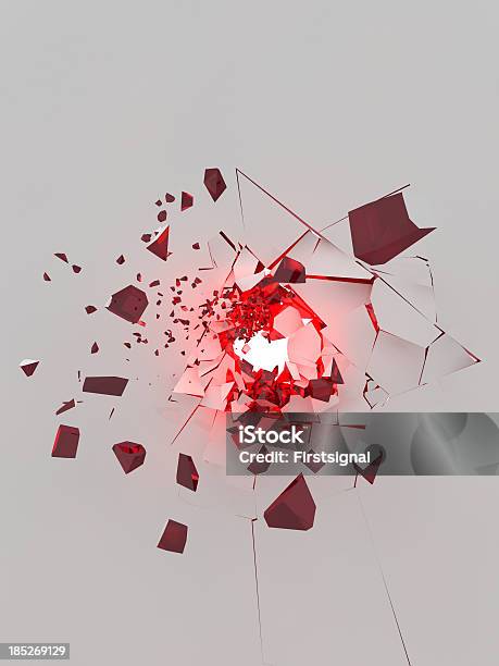 Exploding White Wall With Glowing Red Parts Stock Photo - Download Image Now - Breaking, Broken, Demolishing