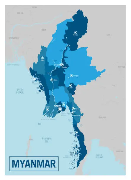 Vector illustration of Myanmar country political map. Asia. Detailed vector illustration with isolated provinces, departments, regions, cities, islands and states easy to ungroup.