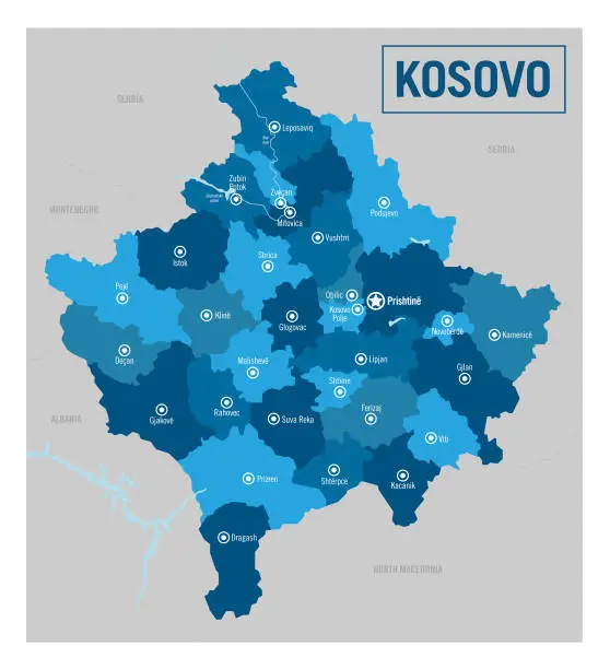 Vector illustration of Kosovo country political map. Detailed vector illustration with isolated provinces, departments, regions, cities and states easy to ungroup.