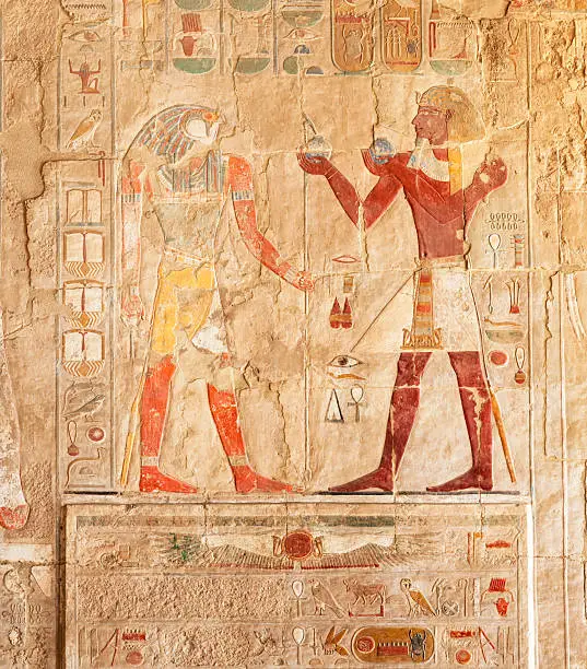 Photo of Hieroglyphs on an Egyptian funerary stela of Hatshepsut Temple