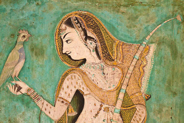 Painting of Indian Woman with bird stock photo