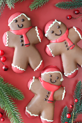 Stock photo showing close-up, elevated view of red background with batch of homemade, Santa designed chocolate gingerbread men decorated with red and white royal icing surrounded by spruce needles and red berries.