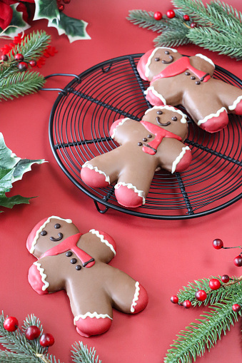 Stock photo showing close-up, elevated view of red background with batch of homemade, Santa designed chocolate gingerbread men decorated with red and white royal icing on a circular cooling rack, surrounded by spruce needles and red berries.
