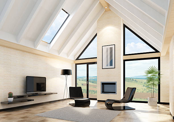 interni moderni di villa - fireplace living room door wall foto e immagini stock