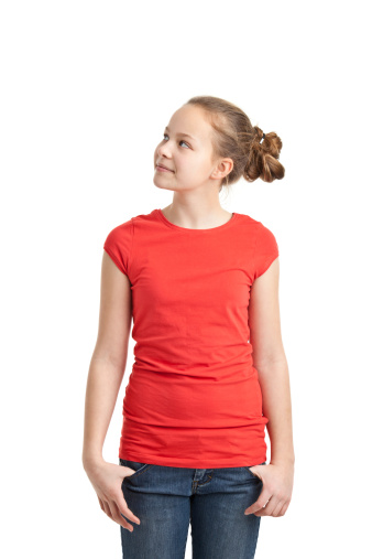 happy teenager girl in red tshirt isolated on white