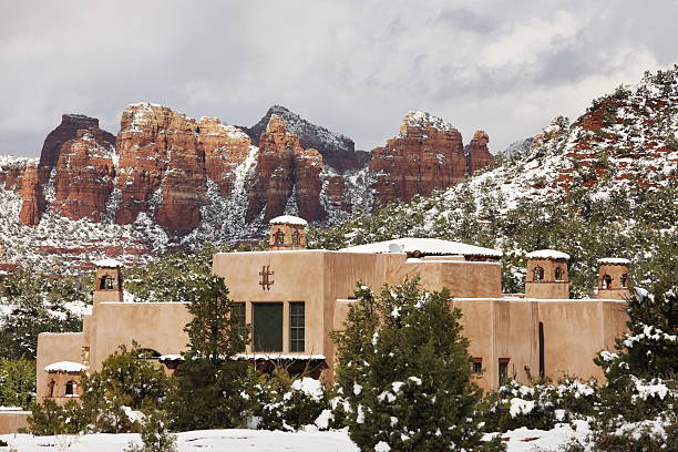 Mansion Luxury Winter Storm Mountains "Southwest luxury mansion among eroded red rock mountains during winter storm.  Sedona, Arizona, 2012." nook architecture photos stock pictures, royalty-free photos & images