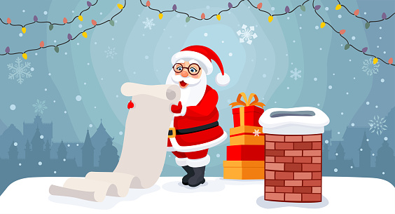 Santa Claus on the rooftop, reading the wish list and bringing gifts through the chimney, on a charming journey filled with joy for the little ones.