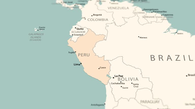 Peru on the world map. Smooth map rotation.