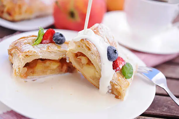 Apple strudel with vanilla sauce