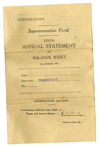 Local council superannuation fund contributor's account balance sheet 1931 "A balance sheet issued in 1931 by a local corporation to an employee, detailing his pension payments for the year. (Identifying details removed.)" contributor stock pictures, royalty-free photos & images