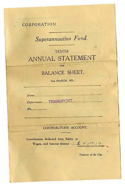 Photo of Local council superannuation fund contributor's account balance sheet 1931
