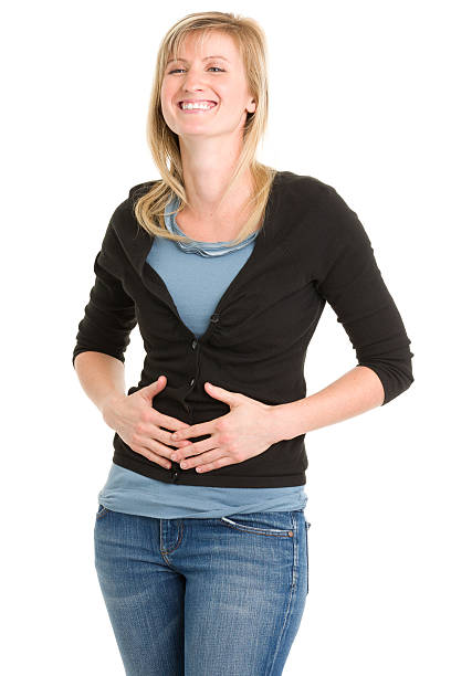 istock Happy Woman Holding Stomach 185273411