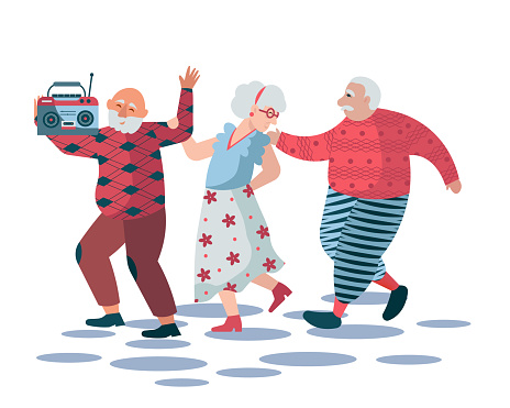 Senior people dancing together. Old man holding record player and spending time with friends. Recreation and active life for seniors. Flat vector illustration in yellow and orange colors