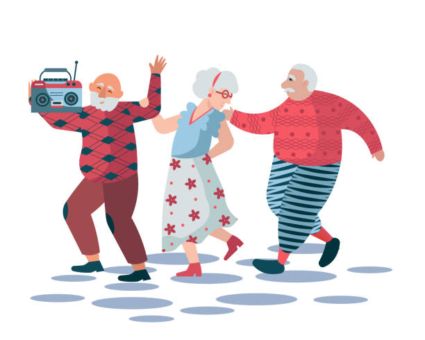 Senior people dancing together. Old man holding record player and spending time with friends Senior people dancing together. Old man holding record player and spending time with friends. Recreation and active life for seniors. Flat vector illustration in yellow and orange colors $69 stock illustrations