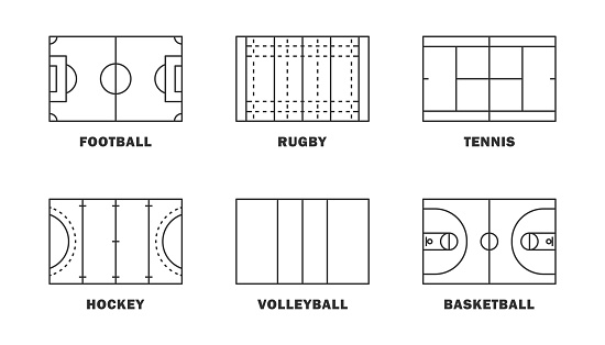 Football, tennis, hockey, basketball, volleyball and rugby field template set. Vector illustration