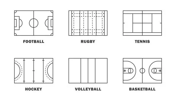 Vector illustration of Football, tennis, hockey, basketball, volleyball and rugby field template set. Vector illustration.