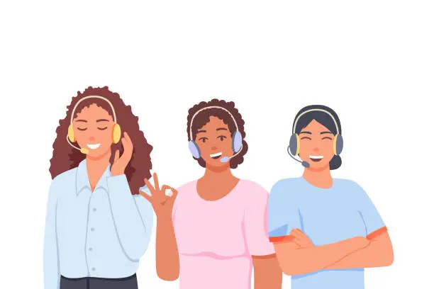 Vector illustration of Team of females in headphones talking with clients, giving consultations