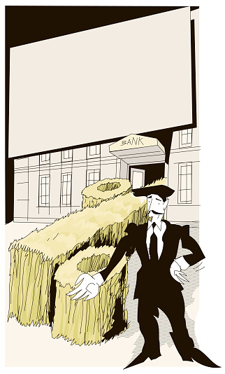 Vector Farmer at the Door of the Bank and a Bale of Straw in the form of a Percentage