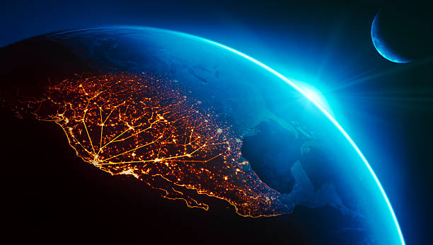 Connected City Sunrise California (Silicon Valley) connected to night lights of US west coast as sun rises.Globe maps courtesy of NASA: orange cosmos stock pictures, royalty-free photos & images