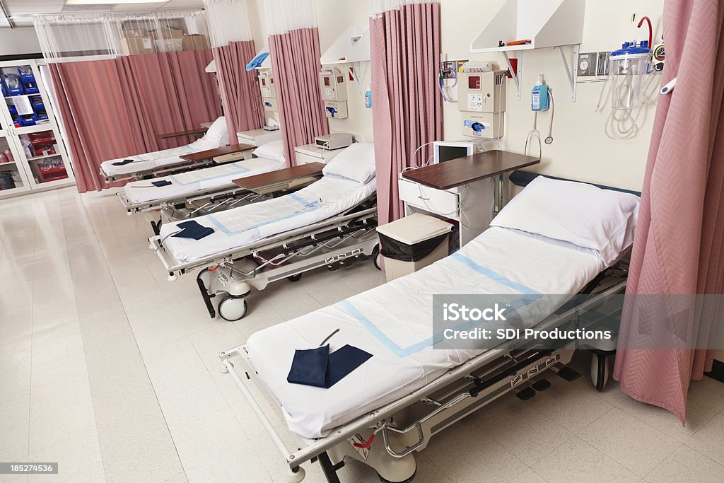 Empty beds in a hospital or surgical center recovery room Empty beds in a hospital or surgical center recovery room. Accidents and Disasters Stock Photo