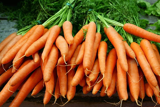 Bundles of organic carrots with the stems still attached Bunches of organic carrots on a farmer market. Shallow depth of field. carrot stock pictures, royalty-free photos & images