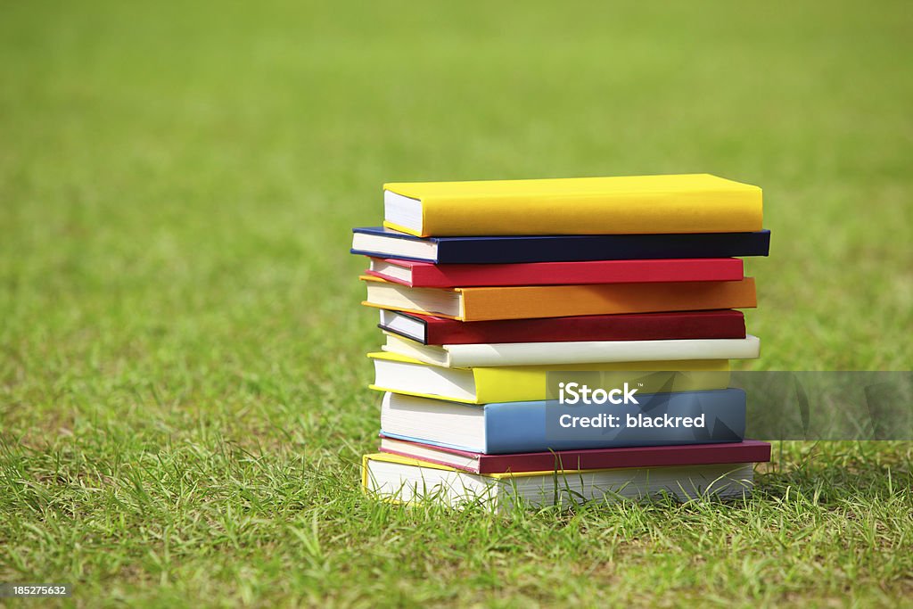 Pila di libri su erba - Foto stock royalty-free di Ambientazione esterna