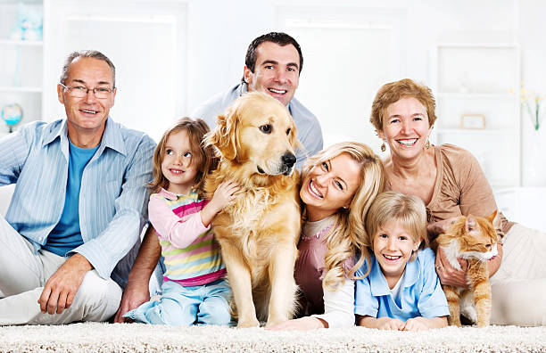 istock Extended cheerful family with pets. 185275689