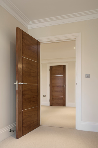 an open door from a reception room leading to an inner hallwaywith another door (identical to the foreground door) in the centre of view. The doors are made from walnut and are very high quality.