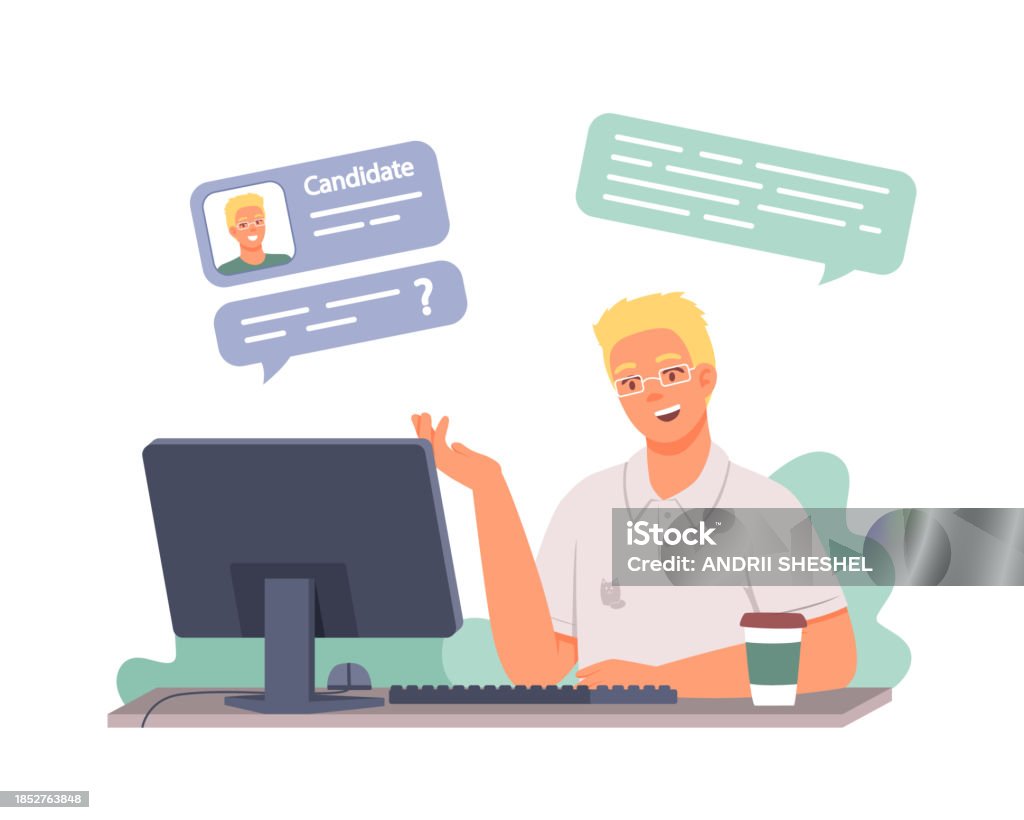 Interview Computer Cartoon Man Sitting At Computer Talking With Hr About Skills And Passing ...