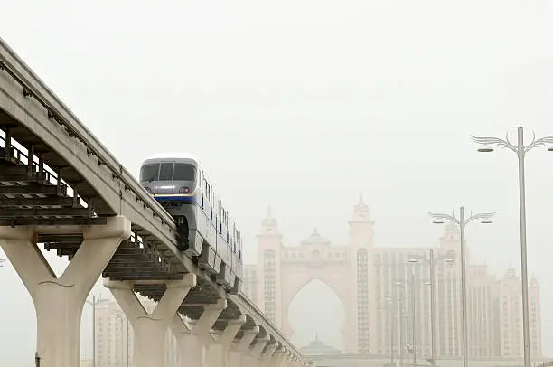 "Palm Jumeirah Monorail heading towards the Atlantis hotel in Dubai, UAE"