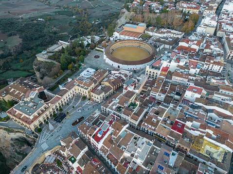 Panorama cityscape aerial view of Malaga, Spain. Plaza de Toros de Ronda bullring in Malaga, Spain.