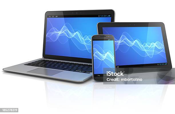 Mobile Computinggeräte Mit Blue Wave Hintergrund Stockfoto und mehr Bilder von Tablet PC - Tablet PC, Laptop, Weißer Hintergrund