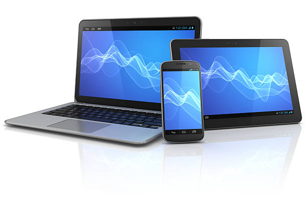 Mobile computing devices with blue wave background stock photo