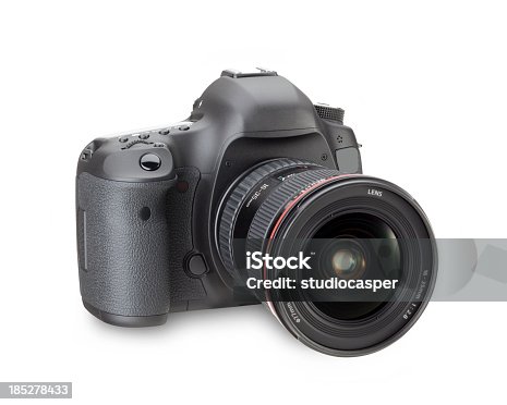 istock Black digital SLR camera in a white background 185278433