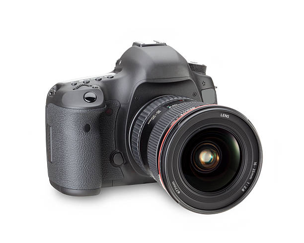 Black digital SLR camera in a white background stock photo