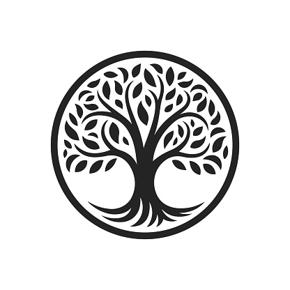 Tree of life emblem. Tree of knowledge symbol. Organic nature icon. Natural plant logo. Vector illustration.